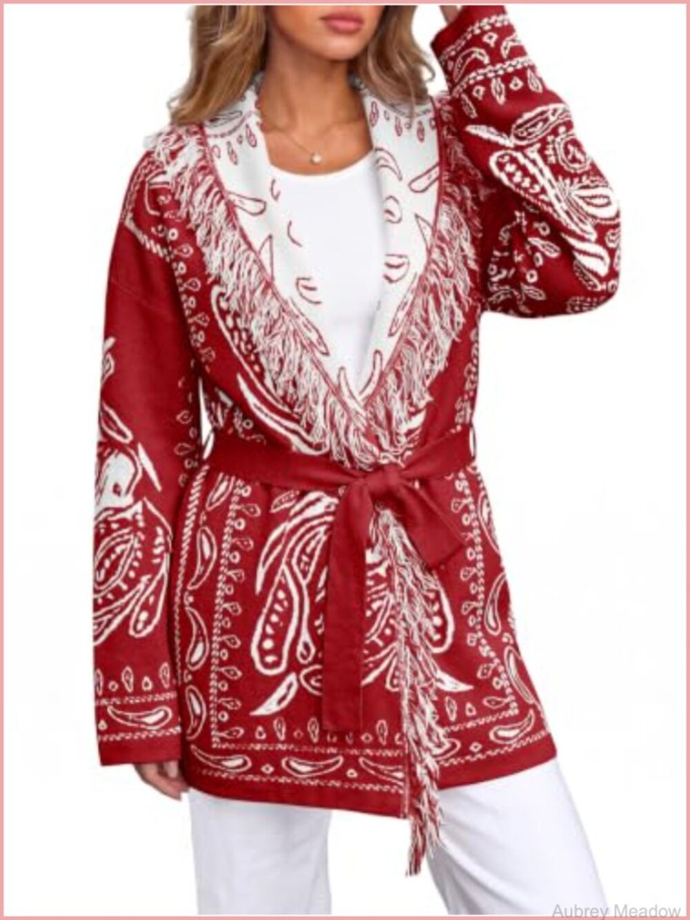 Womens Boho Tassel Fringe Paisley Cardigan Sweater Wrap with Belt